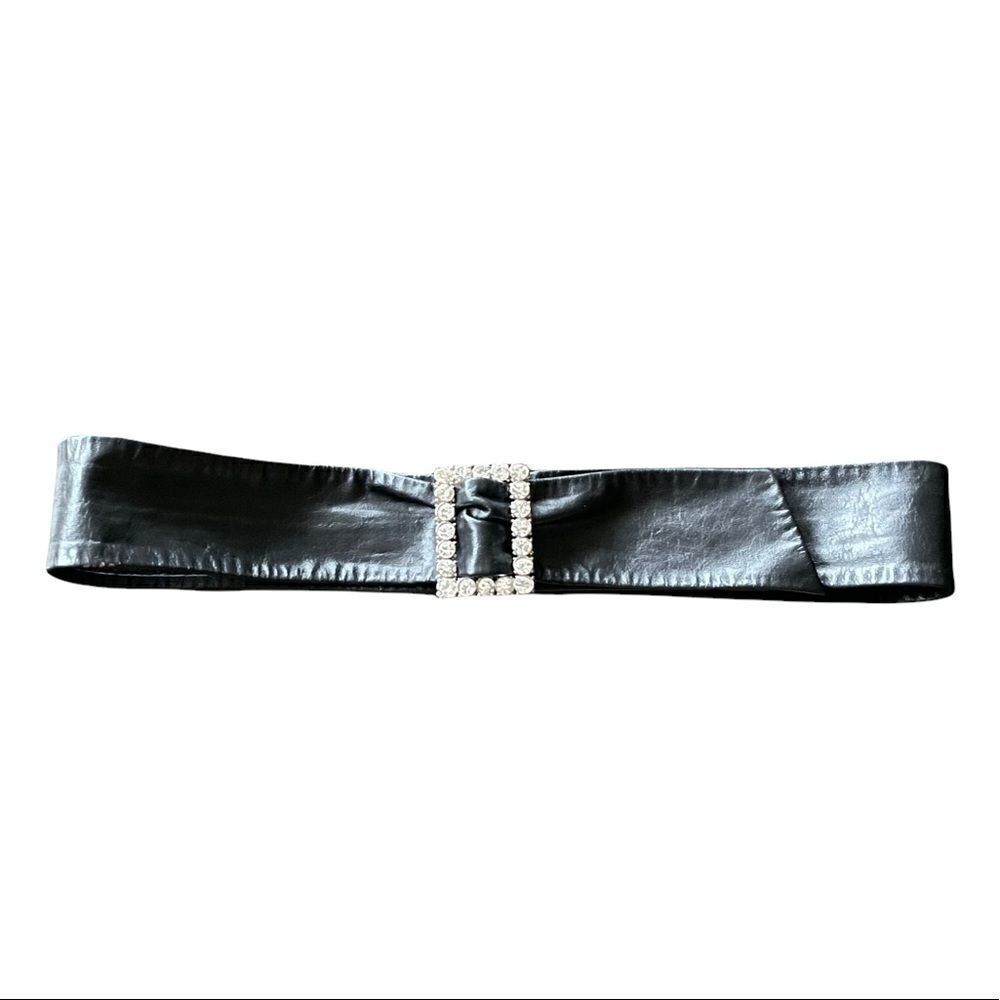 EMMANUEL Black Leather Belt Faux White Stone Buckle Made In Canada XS S